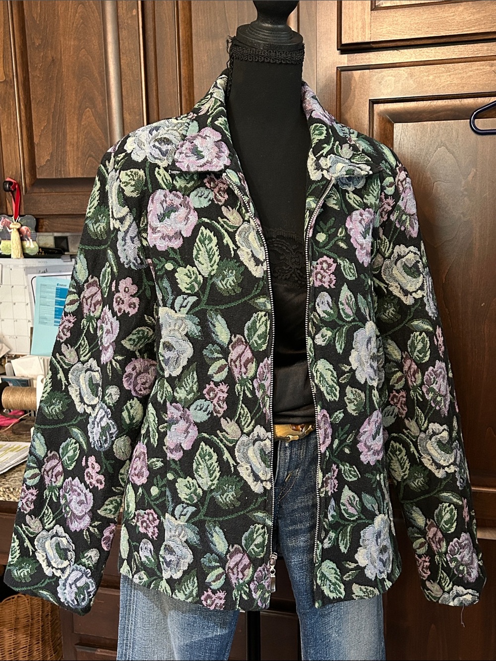 Dress Barn Sz XL Floral Tapestry Jacquard Zip Front Jacket - Black
